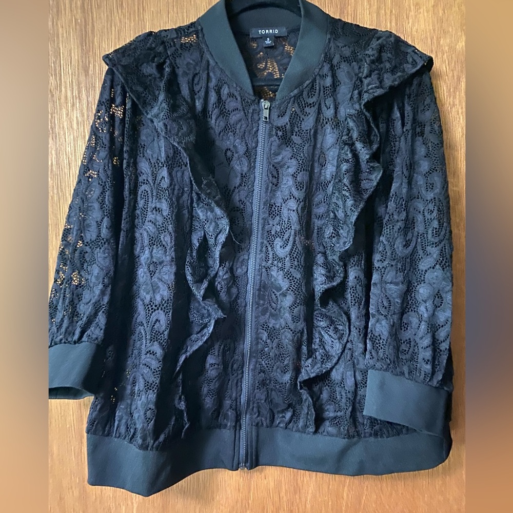 Torrid Lace 3/4 Sleeve Bomber Jacket with Ruffles